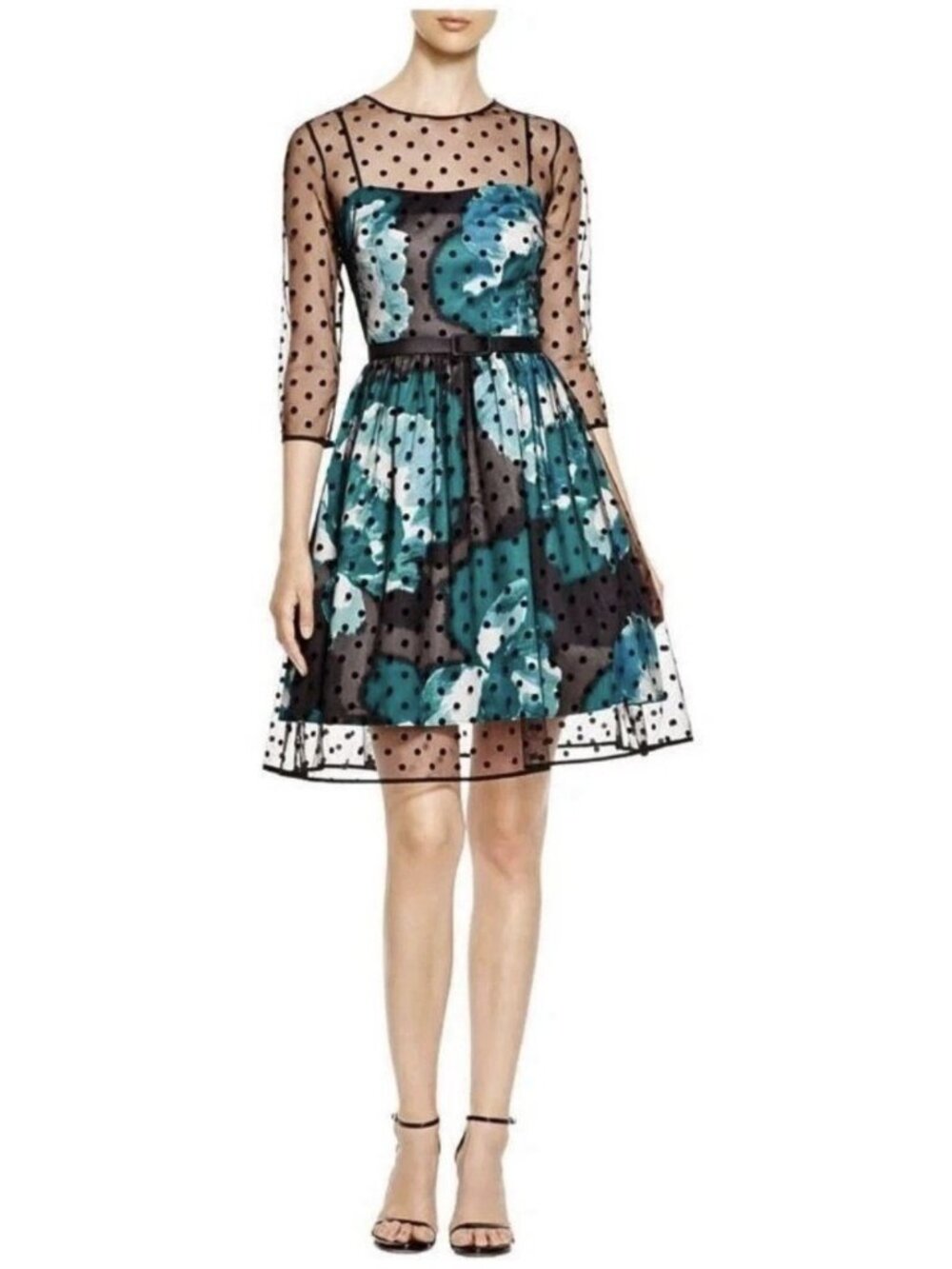 Eliza J Dress 6 Teal Black Mesh Polka Dot Overlay Wedding Guest Party